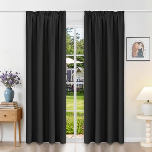 Runyéla Gardinen mit Kräuselband Vorhänge Blickdicht Schwarz Verdunkelungsvorhänge 2er Set 200 x 140 (HxB) für Schienensystem, Thermovorhänge Kälteschutz Schiebegardinen für Wohnzimmer Curtain