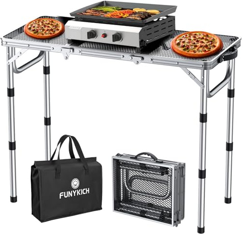 FUNYKICH Tavolo da Campeggio Pieghevole 87x40 cm,Tavolo da Barbecue Portatile per Esterni con 3 Altezze Regolabili (26/48/70 cm) e Maniglia di Trasporto, Piano in Rete,Colore Argento