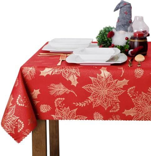 invitta Weihnachtstischdecke Rot Gold 110x140 cm – Fleckenabweisend mit Lotuseffekt, Elegante Jacquard-Tischdecke mit Weihnachtsstern-Muster für Weihnachten & Heiligabend - U3-6348-2888-110x140 cm