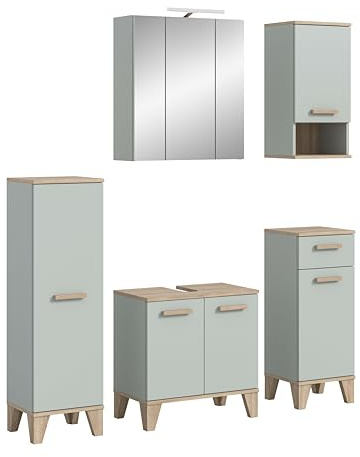 xonox.home – 5 TLG. Badkombination inkl. Beleuchtung Star 158x190x34 cm Hellgrün und Eiche hell – Großes Badmöbel-Set mit LED Spiegelschrank – Komplettes Design-Bad – Premium Badlösung
