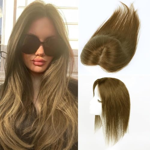 Hair Toppers for Women Real Human Hair Clip in Human Hair Pieces Topper Upgrade Swiss Lace Base 12 inch Hair Pieces for Women Light Brown