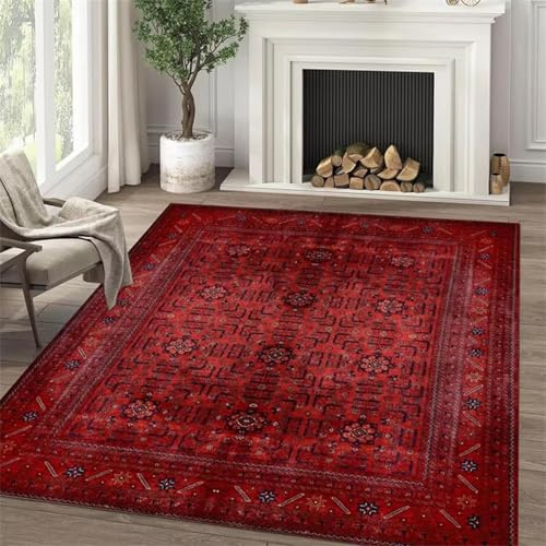 AUWUUA Waschbarer Orientalischer Teppich Wohnzimmer 180x260cm Vintage Boho Kurzflor Teppich Schlafzimmer, Rot Bordüre Blumen Fußmatte Innen für Esszimmer Büro