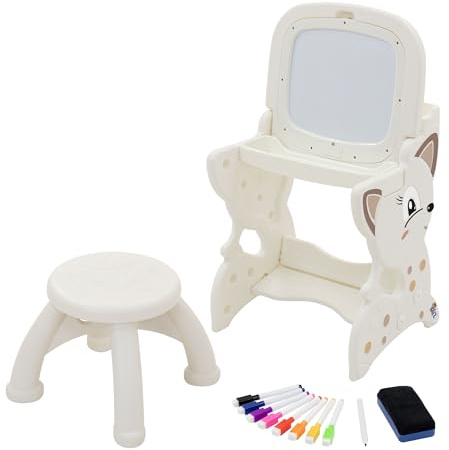 Kinder Maltisch mit Whiteboard & Hocker – 3-in-1 Staffelei Set für Kinder ab 3 Jahren – stabiler Lern- und Maltisch im Tierdesign – inkl. Stifte & Schwamm, leicht zu reinigen