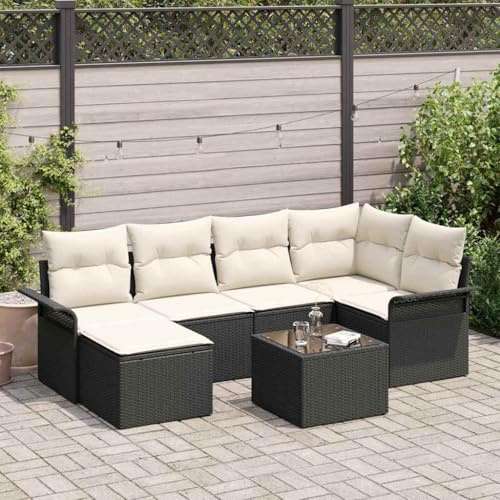 Mandloder Gartensofa-Set 7-teilig Schwarz, Poly-Rattan Lounge-Möbel mit Kissen, Höhenverstellbarer Tisch, UV-beständig, Modular für Terrasse, Balkon, Outdoor-Bereich