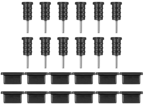 TEHAUX 12 Pairs Type-C USB C Dust Plugs and Headphone Jack Dust Covers for Mobile Phones, Black Silicone Anti-Dust Protectors for Phone Charging Ports and Earphone Sockets