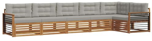 vidaXL Outdoor-Sofagarnitur mit Kissen 6 pcs Natürlich und Hellgrau, Gartenmöbel, Moderne Sofa-Garnitur, Eck-Sitzgruppe für Lounge draußen, bequemer Terrassenstuhl