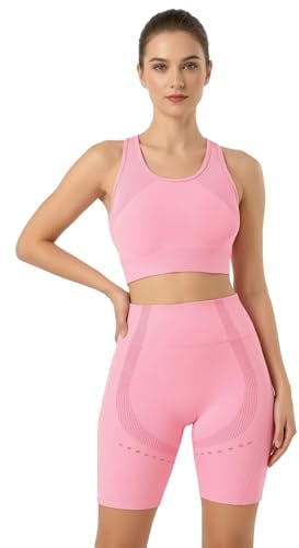 UDILEO Set Palestra Donna 2 Pezzi Seamless Yoga Fitness con Top Sportivo Elasticizzato e Leggings Corti Modellanti (S/M, ROSA)
