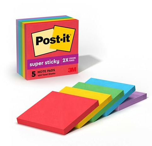 Post-it Super Haftnotizen, 5 Haftnotizblöcke, 7,6 x 7,6 cm, Schulbedarf und Büroprodukte, ideal für Lehrbücher, Notizbücher, Wände und vertikale Oberflächen, Playful Primaries Collection