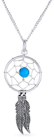 Bling Jewelry Western Boho Türkis Akzent Native American Indian Federn Blatt Dream Catcher Anhänger Halskette Für Frauen Teenager Oxidiert .925 Sterlingsilber