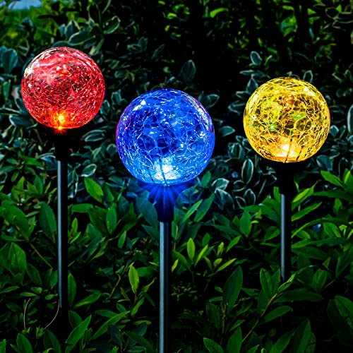 SOLPEX Solar Garden Lights 3 Pack, Solar Lights Outdoor Decorative, Solar Globe Lights Outdoor Waterproof for Yard and Garden, Multi-Color Changing Cracked Glass Ball LED Lights