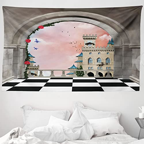 ABAKUHAUS Fantasie Wandteppich und Tagesdecke, Mittelalterliche Burg Balkon aus Weiches Mikrofaser Stoff Waschbar ohne Verblassen Digitaldruck, 230 x 140 cm, Schwarz Weiß Grau