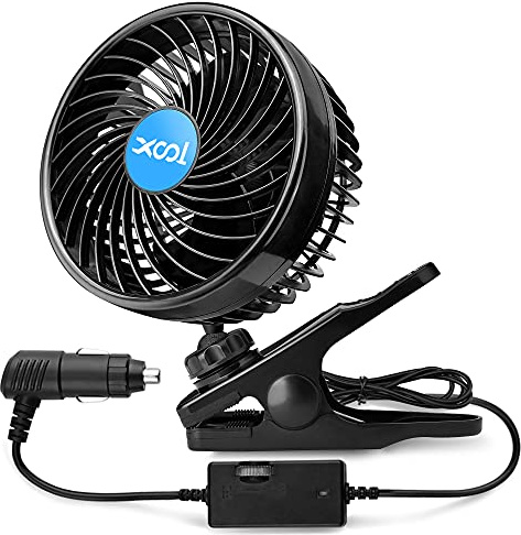 XOOL 12V Car Fan, Clip Fan 360 Degree Rotatable Car Fan Cooling Air Fan with Stepless Speed Regulation & Cigarette Lighter Plug for SUV, RV, Vehicles