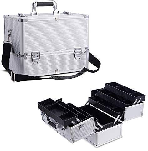 Kosmetikkoffer Schminkkoffer, Kosmetik Make up Organizer Koffer Make-up Aufbewahrung friseurkoffe Multikoffer Etagenkoffer Mit Spiegel, Makeup Koffer Alu Beautycase, Silber