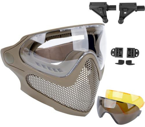 ATAIRSOFT Airsoft Maske 2 Modi Taktische Sicherheit Schutz Vollmaske Antibeschlagbrille Set mit 3 Wechselobjektiven TAN