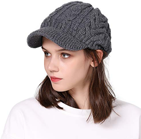 Comhats Winter Strickmütze Newsboy Mütze warme gestrickte Beanie mit Schirm Dunkel Grau
