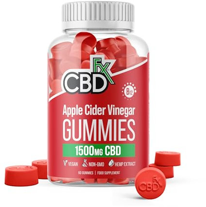 CBDfx 1500mg CBD High Strength Apple Cider Vinegar Vegan Gummies, 1000mg ACV / 25mg CBD per Gummy + Vitamin B12, 60x Bottle (30 Days)