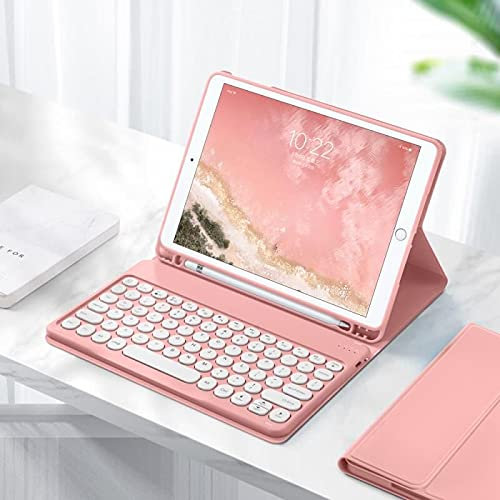 Disonbeir Étui avec clavier pour iPad 9{^>e<^} génération 10,2, 8{^>e<^} génération, Air 3e génération, iPad Pro 10,5, jolie coque de clavier BT amovible avec porte-crayon (rose)