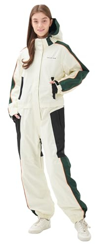 MOUS ONE Einteiliger Damen-Skianzug, wasserdicht, warm, isoliert, Ski-Overall, abnehmbare Kapuze, Schneeanzug für Schneesport, Weiss/opulenter Garten, L