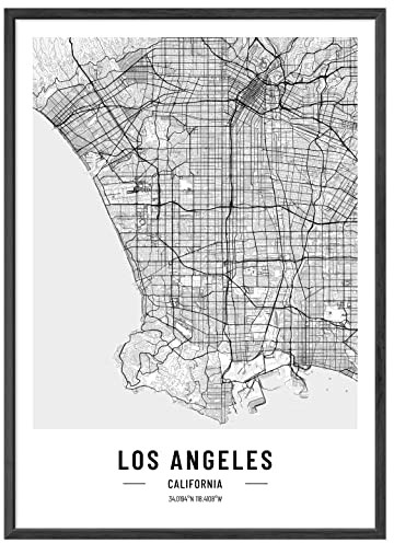 JUNOMI® Los Angeles Poster DIN A2 mit Rahmen Schwarz, DIN A2 Wohnzimmer Deko, Modernes Wandbild, Los Angeles Bild, Wandbild mit Rahmen, Stadtplan Poster Los Angeles