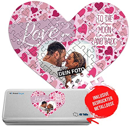 Foto-Puzzle selbst gestalten - Love You - mit einem Foto Bedrucken - Herz-Puzzle Personalisieren - Geschenk zu Valentinstag, Jahrestag - 63 Teile inkl. Metalldose