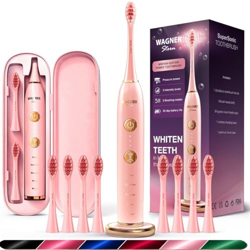 Wagner Stern WHITEN+ – Brosse à dents électrique avec capteur de pression, 5 modes, 3 intensités, 8 têtes souples, moteur puissant, étui de voyage luxe inclus (Rose Poudré)