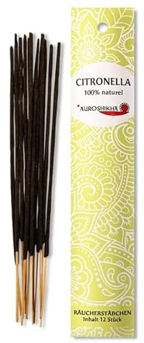 Citronella AUROSHIKHA Indische Räucherstäbchen 100% natürlich ohne Chemie aus hochwertigen Ölen und Holz-Pulver Traditionelles Indisches Räucherwerk für Meditation, Raumreinigung, Entspannung