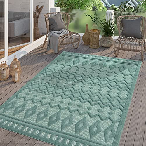 TT Home In-& Outdoor Teppich Wetterfest Balkon Küche Wohnzimmer Boho Skandi Design, Farbe:Türkis 3, Größe:140x200 cm