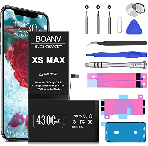 Batterie pour iPhone XS MAX, 4300mAh BOANV Ultra Haute Capacité A2102 A2104 A1921 A2101 Remplacement pour Batterie avec Outils de Remplacement Professionnels