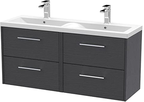 Hudson Reed JNU2224F Juno Modern Bathroom Wall Hung 4-Drawer Vanity with Ceramic Double Basin, 1200mm, Woodgrain Graphite Grey