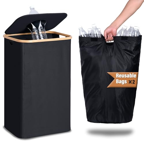 efluky 100L Pfandflaschen Sammelbehälter, Schwarz Pfandflaschen Aufbewahrung mit Zwei Tragetasche, Pfandflaschen Sammelbehälter mit Deckel