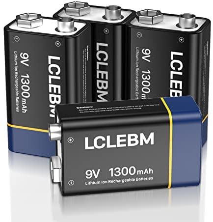 LCLEBM 9V Akku, 1300mAh 9V Block Lithium Akkus, USB-C Ladegerät mit 2-in-1 Ladekabel für Alarme, Drahtlose Mikrofone, Rauchmelder, Spielzeug, Taschenlampen - 4PCS
