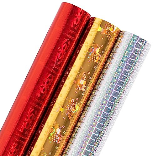 Holijolly Holografisches Folien-Geschenkpapier – Mini-Rolle – Rote Schneeflocke/goldene Glocke/silberne Blöcke für Weihnachten, Urlaub, Geburtstag – 43,2 x 305 cm – 3 Rollen (42,5 sq.ft.ttl.)