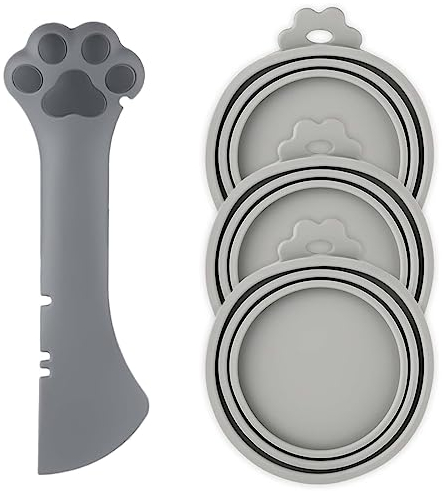 NQEUEPN 3pcs Pet Food Can Covers, Pet Food Can Lids with Cute Paw Shaped Spoon Can Opener Silicone Can Lids for Dog Cat Jar Tins