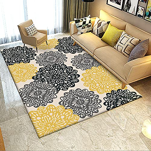 Wohnzimmer Teppich Home Anti-Rutsch Teppiche,160 x 200 cm, Schwarz-grau-gelbes großes Blumen-Fenstergitter für Langlebige Restaurant Schlafzimmer Deko