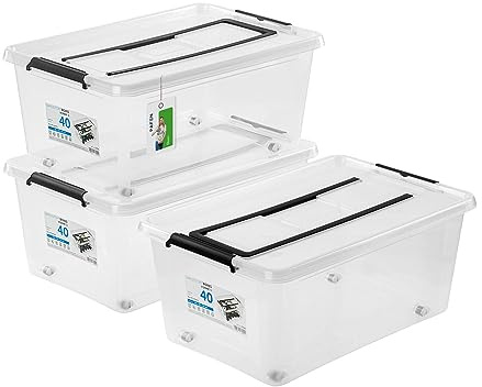 PAFEN 3x Commode sous le lit Boîte de rangement 40l avec roulettes et poignée - 38,5x25x58cm - Transparent Boîtes Rangement Bacs empilables avec clips de fermeture Bacs en plastique