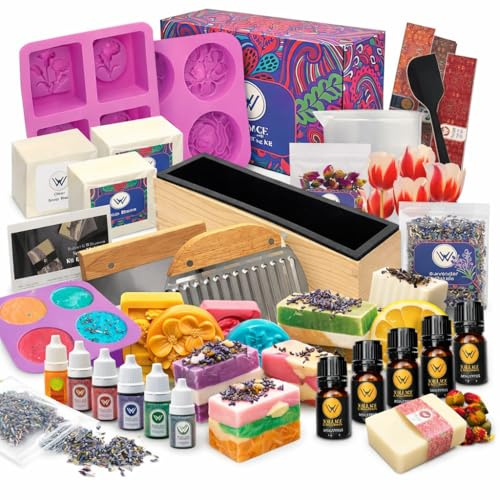 Wallace & Williamson Kit de fabrication de savon à faire soi-même pour débutants et enfants – Base de savon fondue et versée (transparente et blanche), huiles essentielles, moules en silicone