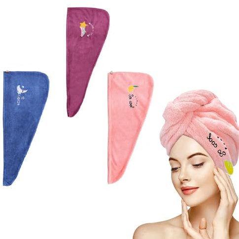 YQBFTC Turban Haartrockentuch mit Knopf, Haarturban Mikrofaser Super Saugfähig Schnelltrocknendes Kinder Turban Handtuch für Frauen Mädchen Alle Haartypen(rosa+lila+blau)