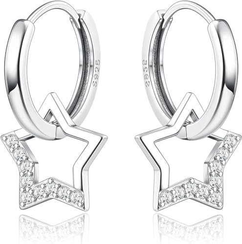 JeweBella Ohrringe Silber 925 Mädchen Hängend Bunte Zirkonia Klein Creolen mit Stern Anhänger Niedliche Tropfen Hängend Stern Ohrringe für Mädchen Kinder Damen