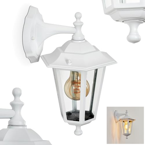 Außenwandleuchte Loria, Wandlampe abwärts in antikem Look aus Metall/Glas in Weiß/Klar, Wandleuchte im Landhaus-Stil, Außenleuchte für Terrasse, E27, ohne Leuchtmittel, IP44