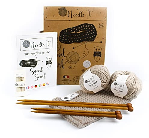 NEEDLE IT® Anfänger Wolle Halsband Strickset mit Stricknadeln - Snood zum Selberstricken - Für Kinder und Erwachsene - Geschenkidee - Kreatives Hobby - Beige