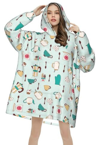 Retro Tea Time Pattern Oversized Wearable Blanket Hoodie, Super Warm and Cozy Hoodie Blanket for Women Men, mehrfarbig, 320g flannel