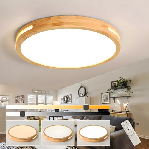 WayLuoung Holz-LED-Deckenleuchte | Ø50cm 3000-6000K 36W | Runde Natürliche Holz-Deckenleuchte Kunst-Hohl-Design Schlafzimmer Wohnzimmer Kinderzimmer Küche, Esszimmer Zuhause(Dimmbar Mit Fernbedienung)