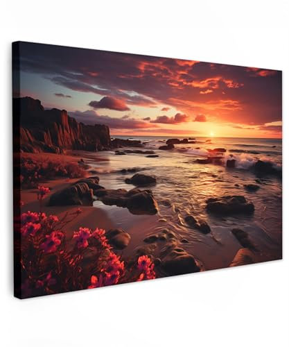 MuchoWow© Leinwand Bilder Groß 120x80 cm XXL Wanddeko Wohnzimmer Aesthetic Room Decor Deko Zimmer Wandbilder Modern Fotogeschenke Strand - Sonnenuntergang - Blumen - Felsen - Meer