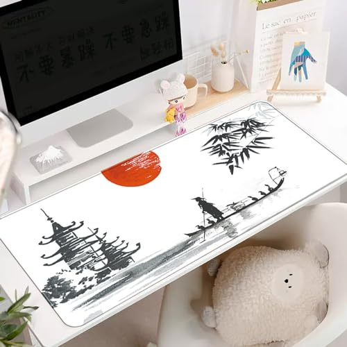 Hixingo Paysage Chinois Tapis de Souris XXL/XL, Tapis de Souris Gamer, Tapis Souris avec Bords Cousus, Tapis de Souris en Base Antidérapante Convient Gaming, Maison (900*400*3mm,Feuilles de bambou)