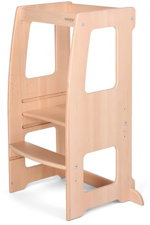babybay Lernturm Littlefoot, maximale Kippsicherheit durch massives Buchenholz, Förderung der Motorik, dreifach höhenverstellbar, ergonomischer Einstieg, Aussparung für Küchengriffe, Natur lackiert