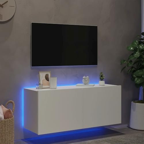 Canditree Meuble TV Suspendu avec Lumières LED, étagère TV Murale avec 2 Portes, Meuble TV Flottant 100 cm (Blanc)