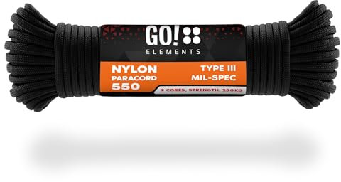 GO!elements 15m Paracord Seil aus reißfester Nylonschnur - 4mm Paracord 550 Typ III Schnur - geeignet als Allzweckseil & Reepschnur - Max. 250kg, Farbe: Schwarz