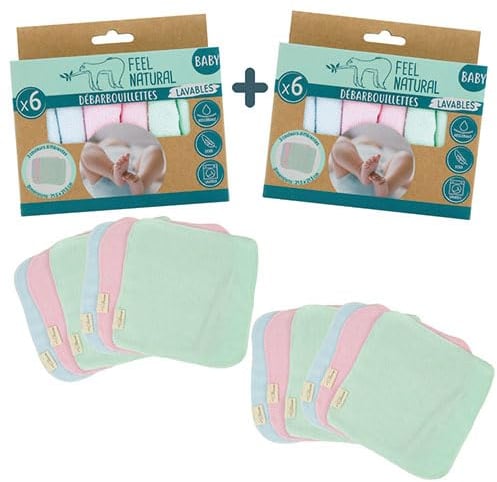 Kit 2 Sets de 6 Débarbouillettes Bébé - Serviette Visage 21,5 x 21,5 cm - Matière Ultra Douce Adaptée aux Peaux Sensibles - Lavable et Réutilisable - Alternative Responsable Feel Natural