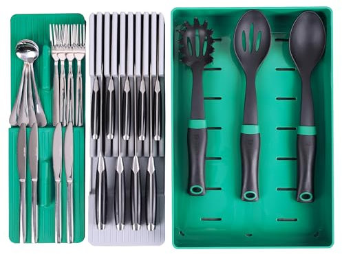 linoroso Knife Drawer Organizer Silverware Drawer Organizer with Kitchen Organizer, Cutlery Drawer Organizer Utensil Drawer Organizer for Knives, Flatware, and Utensils, BPA Free Secure Storage Tray