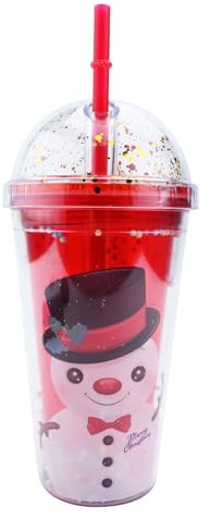 Christmas Water Tumbler for Kids,Xmas Snowman Patterned Drinking Cup straw and Lid,Reusable Double Walled Water Bottle,450ml Glitter Travel Mug,Red Coffee Cup for Xmas Birthday Party Girls Boys Gifts